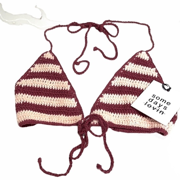NWT Some Days Lovin Miles Crochet Bikini Top SZ S Pink Red Stripe - Picture 3 of 8